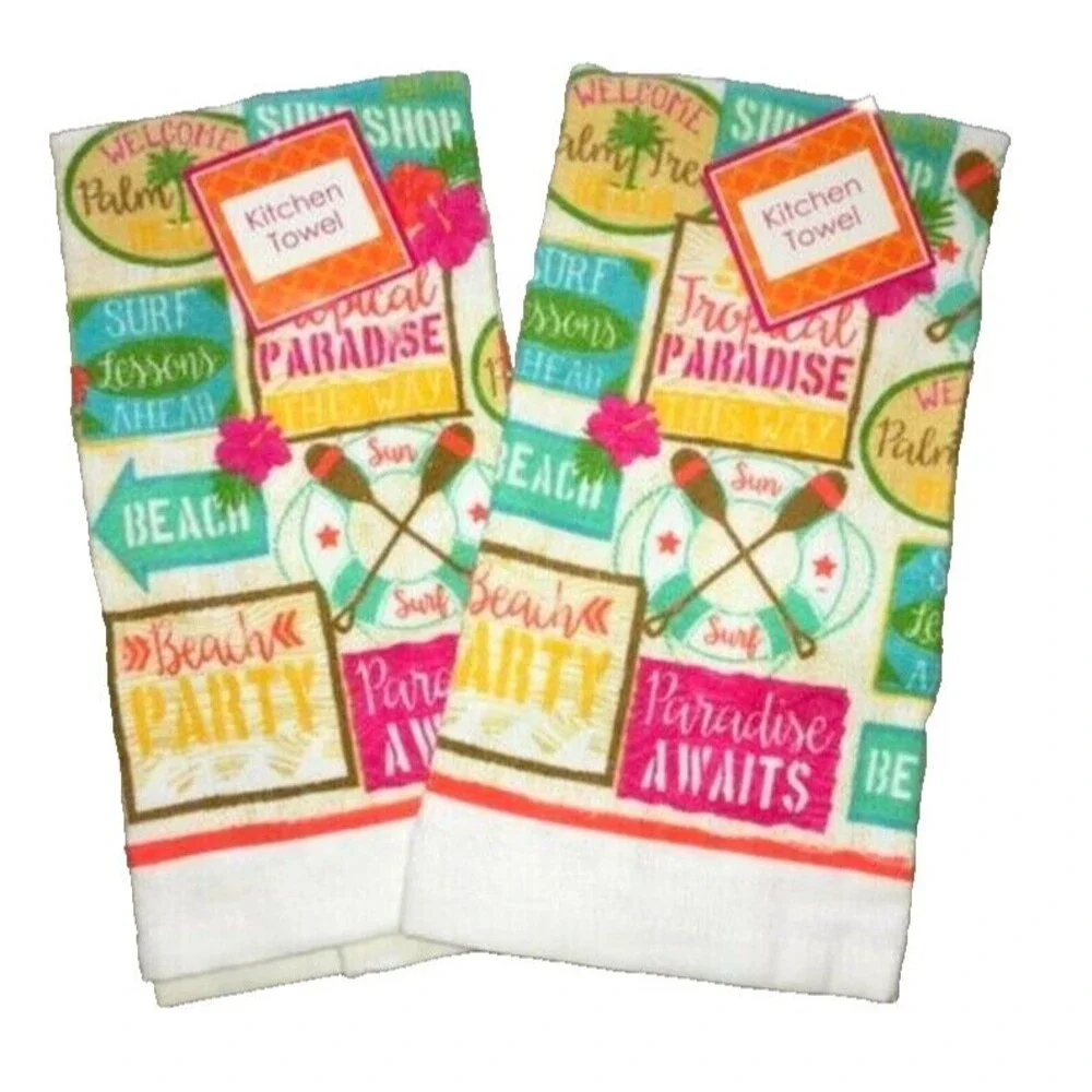 Tropical Paradise Palm Tree Kitchen Dish Towels Cotton Set of 2 Summer Beach